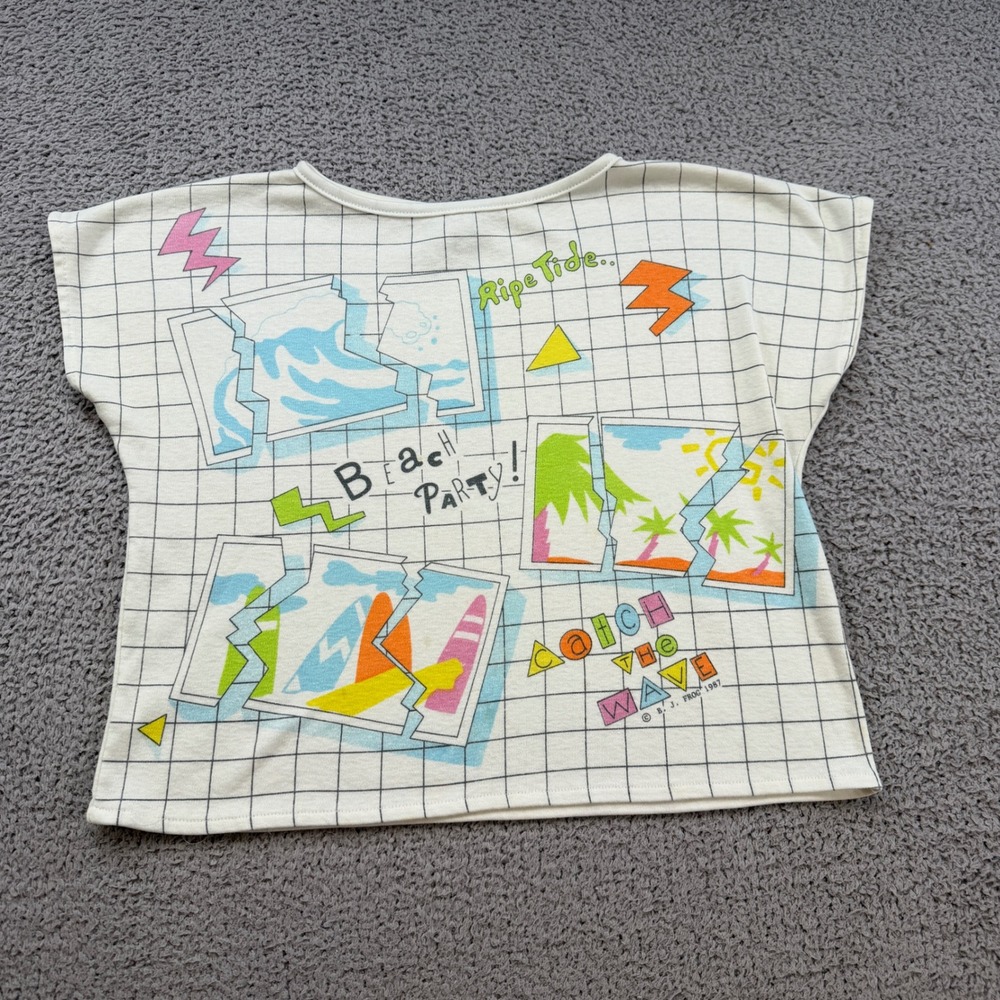 Vintage 1987 BJ Frog Catch the Wave Beach Party Grid Shirt Kids Cream 80s